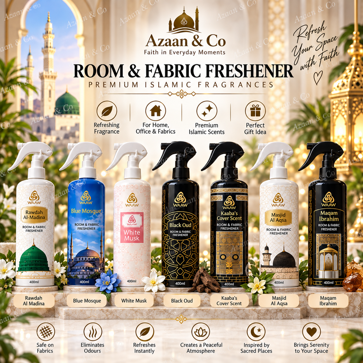 Premium Islamic Room & Fabric Freshener Spray 400ml – Arabian Inspired Home Fragrance, 7 Beautiful Scents, Odour Eliminating Fabric & Room Spray for Home, Office & Car – Ideal Islamic Gift