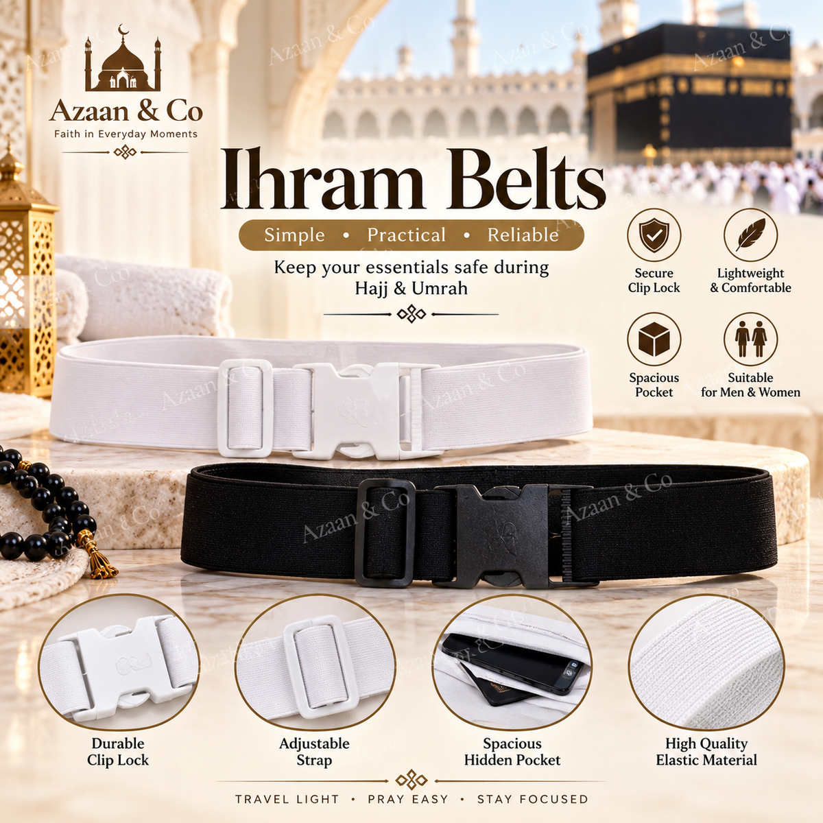 Elastic Ihram Belt for Hajj & Umrah – Adjustable Waist Belt with Secure Buckle & Storage Pocket, Lightweight Pilgrimage Travel Accessory for Men & Women