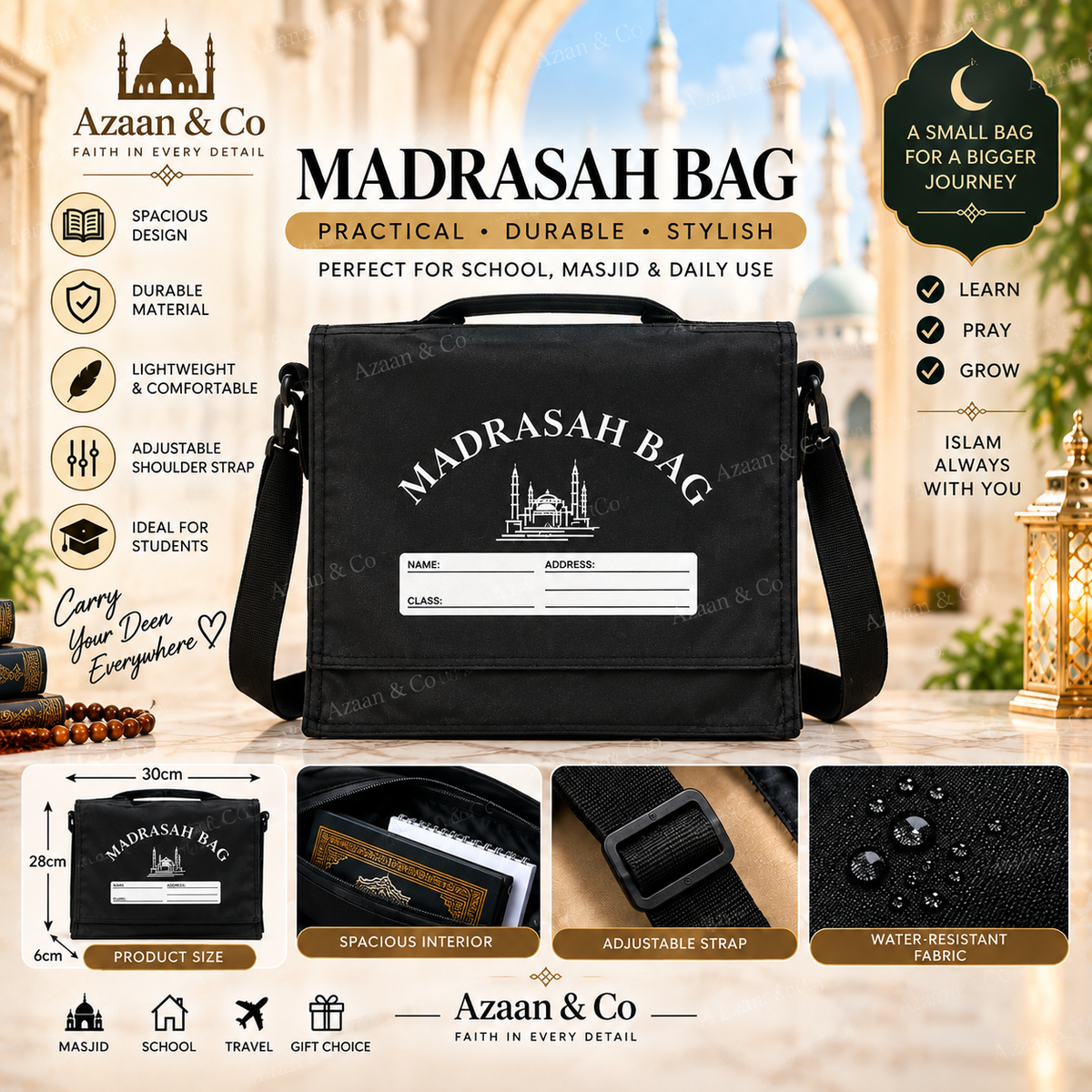 Madrasah Bag with Adjustable Shoulder Strap – Lightweight Quran & Islamic School Bag for Kids & Students