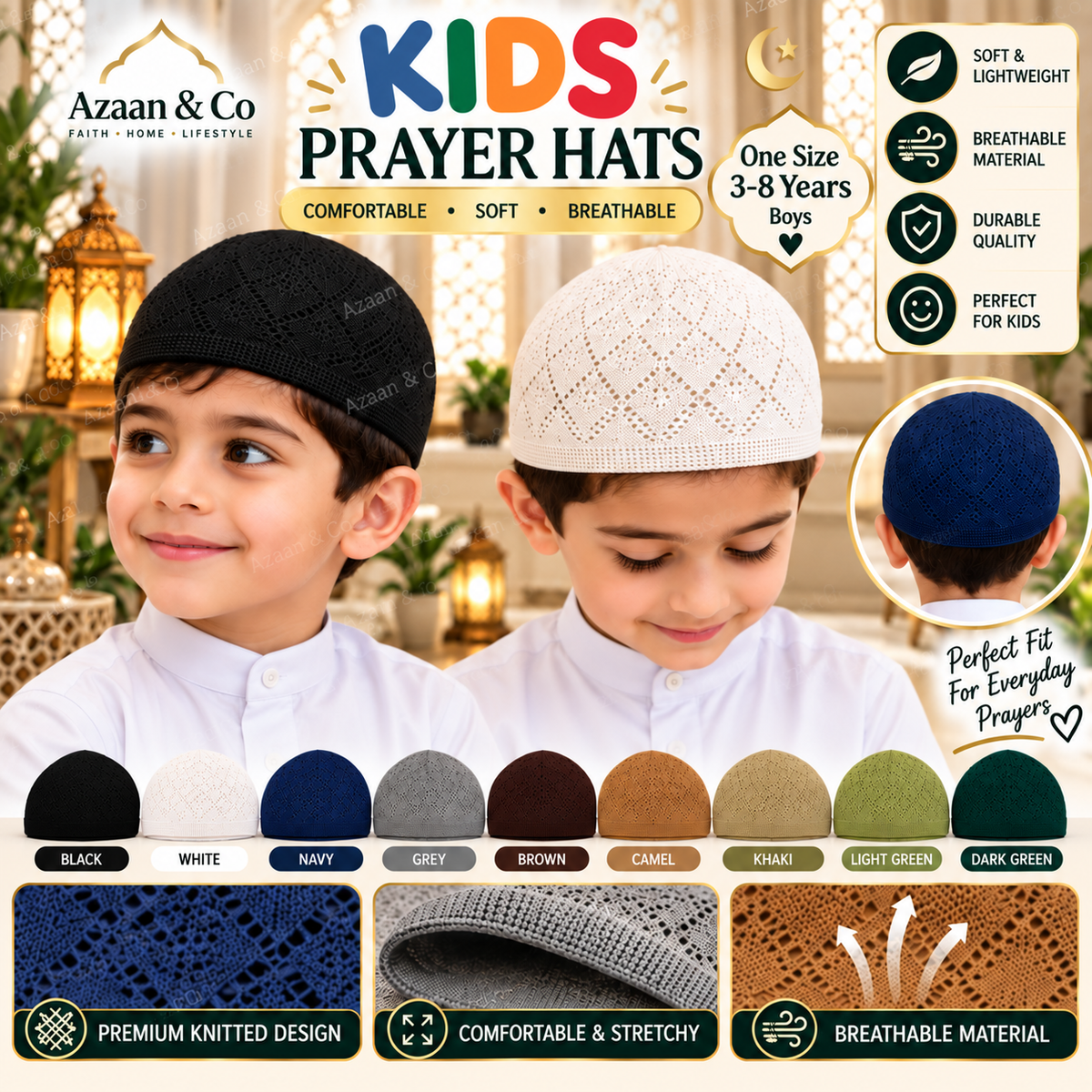 Boys Islamic Topi Skull Cap Children’s Size Kufi Hat Muslim Prayer Cap