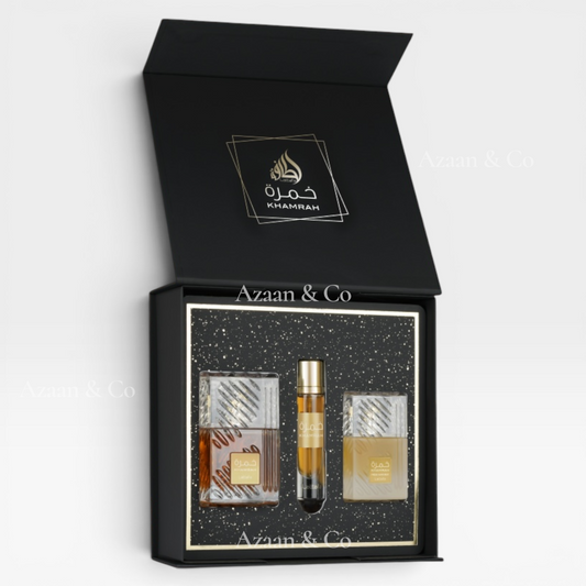 Khamrah Lattafa 3pc Gift Set 100ml EDP Spray, 12ml Travel Perfume & 50m Hair Mist