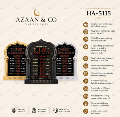 Al Harameen HA-5115 Digital Azan Prayer Clock LED Hijri Mosque Wall Clock