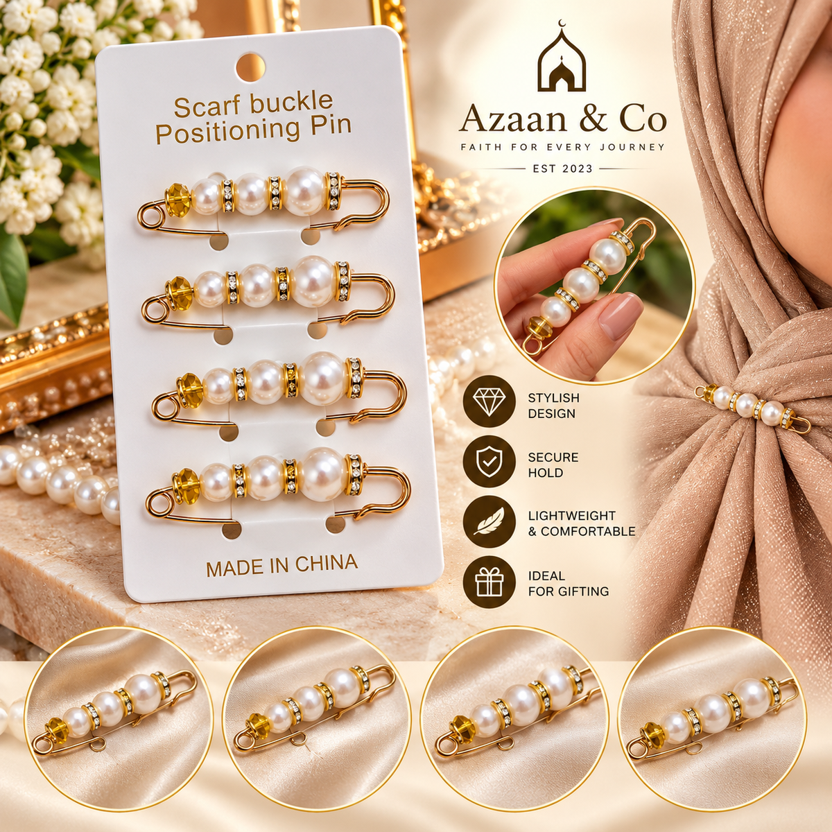 4pc White Pearl Hijab Pins Gold Rhinestone Scarf Safety Pins Fasteners