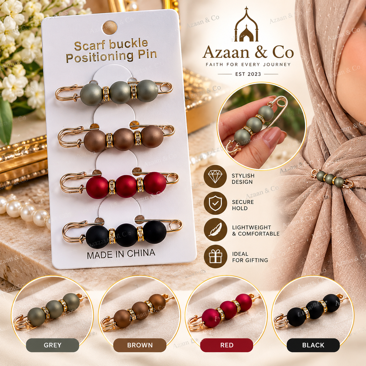 4PCS Multicolour Pearl Hijab Scarf Safety Pins with Gold Rhinestone Spacers – Elegant Decorative Scarf Buckle Fasteners for Women, Secure Lightweight Hijab Accessories