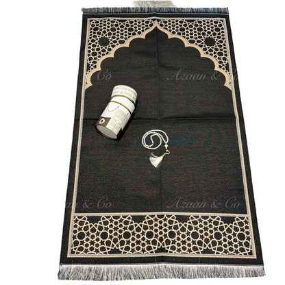 Black Dome Prayer Mat & Tasbeeh Kaaba Box Gift Set