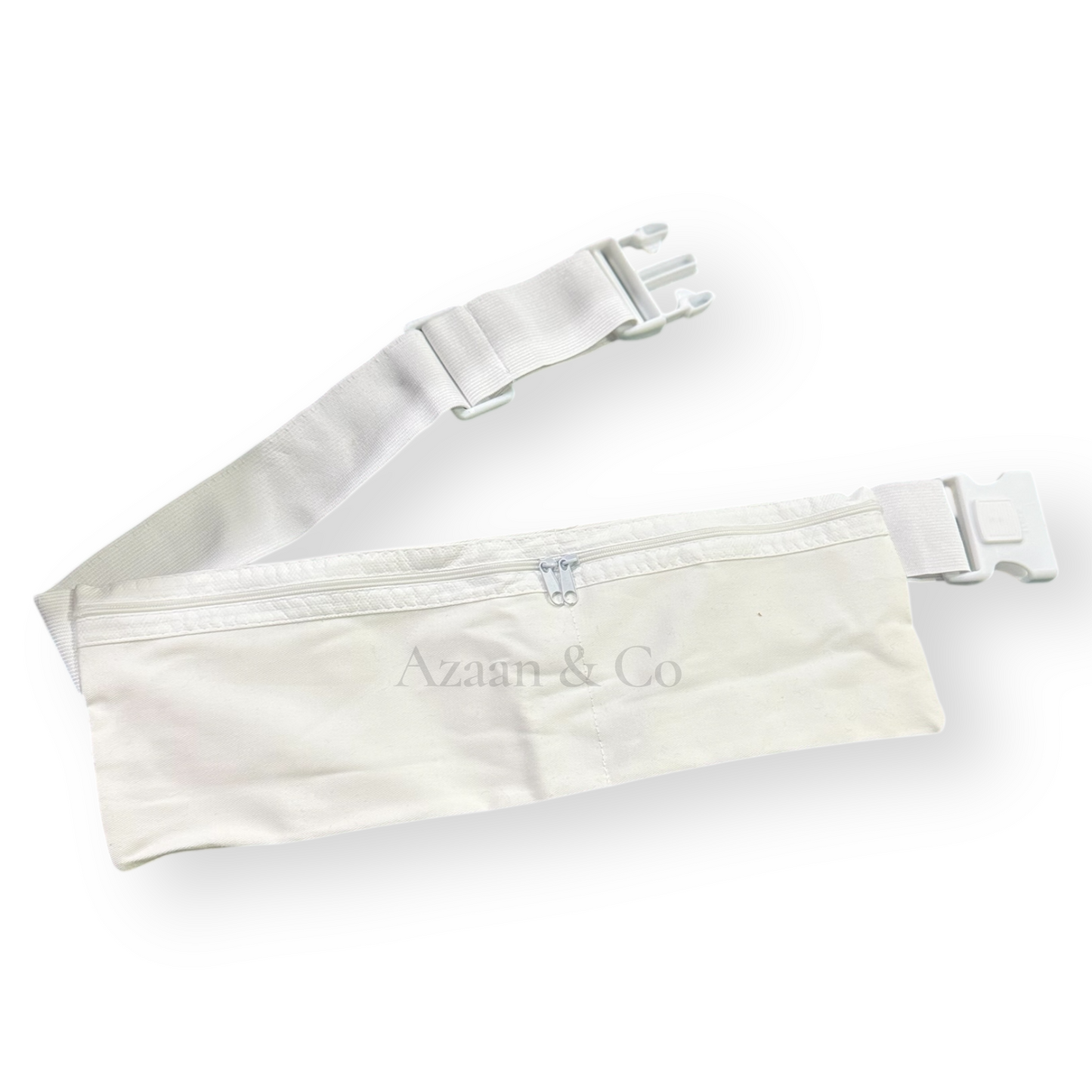 White Elastic Ihram Belt with Zip Pockets Adjustable One Size Hajj Umrah Waist Bag