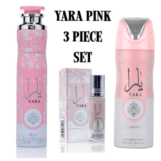 Lattafa Yara Pink 3 Piece Gift Set – 300ml Air Freshener, 200ml Body Spray & 10ml Perfume Oil – Arabian Dubai Women’s Fragrance Set