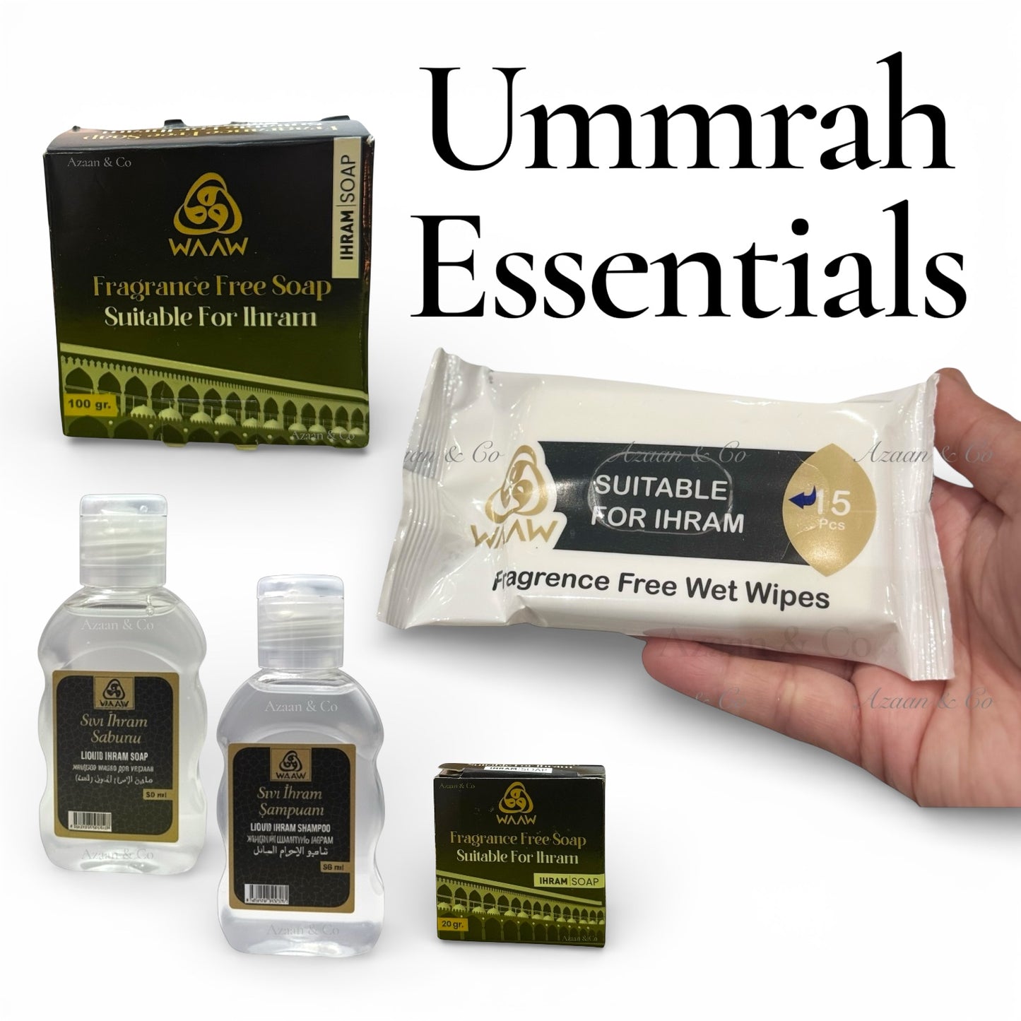 Ummrah Essentials - Travel Size Fragrance Free Ihram Soap, Shampoo, Wipes