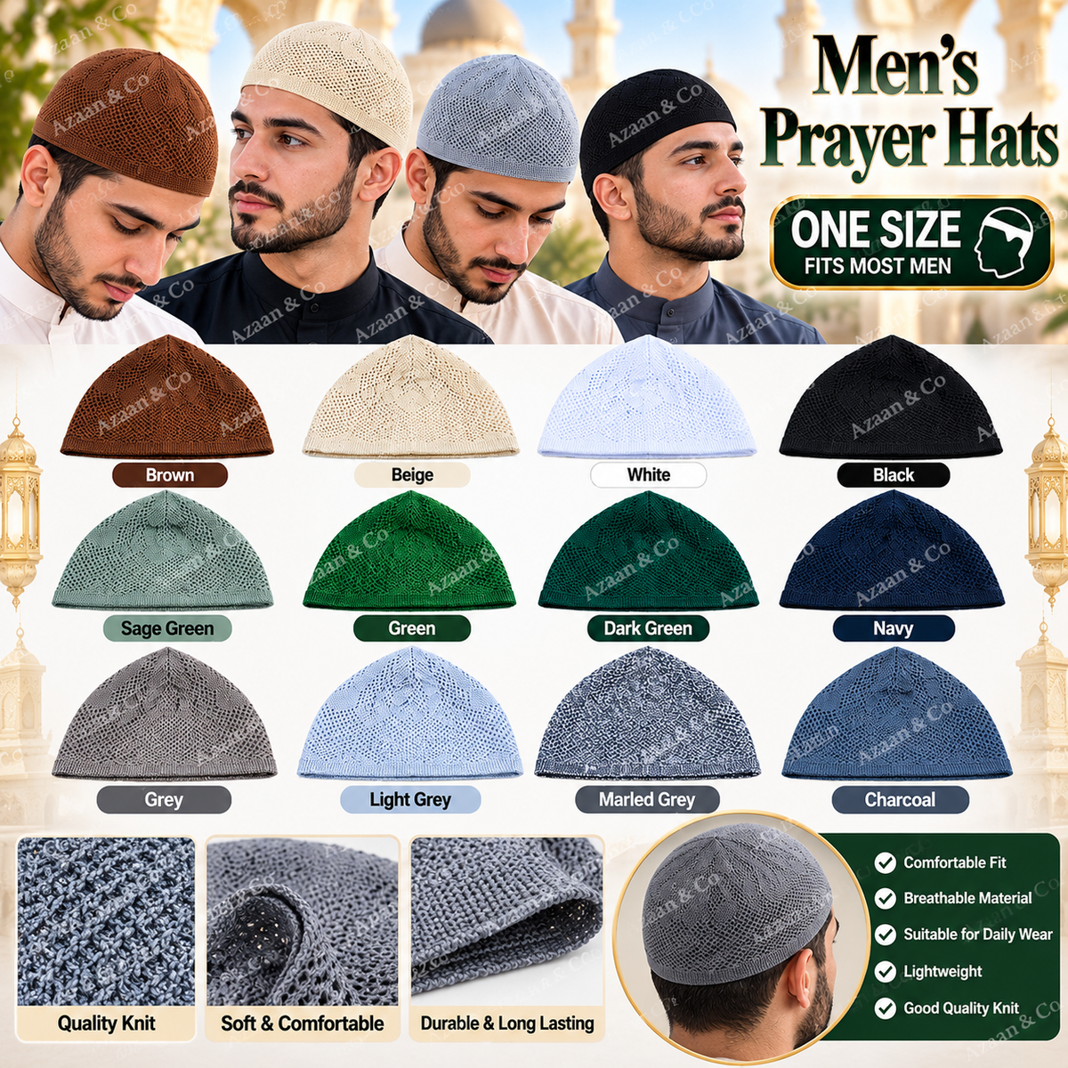 Premium Men’s Lightweight Knitted Prayer Hat – One Size Muslim Kufi Cap, Islamic Salah Namaz Topi, Breathable Mosque Prayer Skull Cap