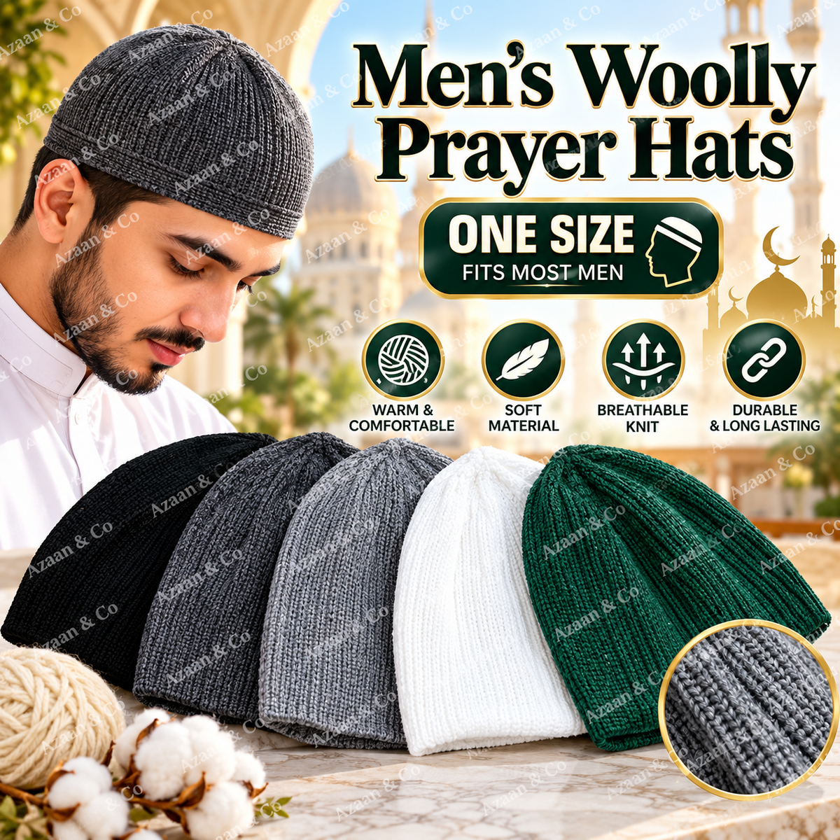 Men’s Woolly Prayer Hat – One Size Soft Knitted Muslim Kufi Cap, Islamic Salah Namaz Topi, Warm Mosque Prayer Skull Cap