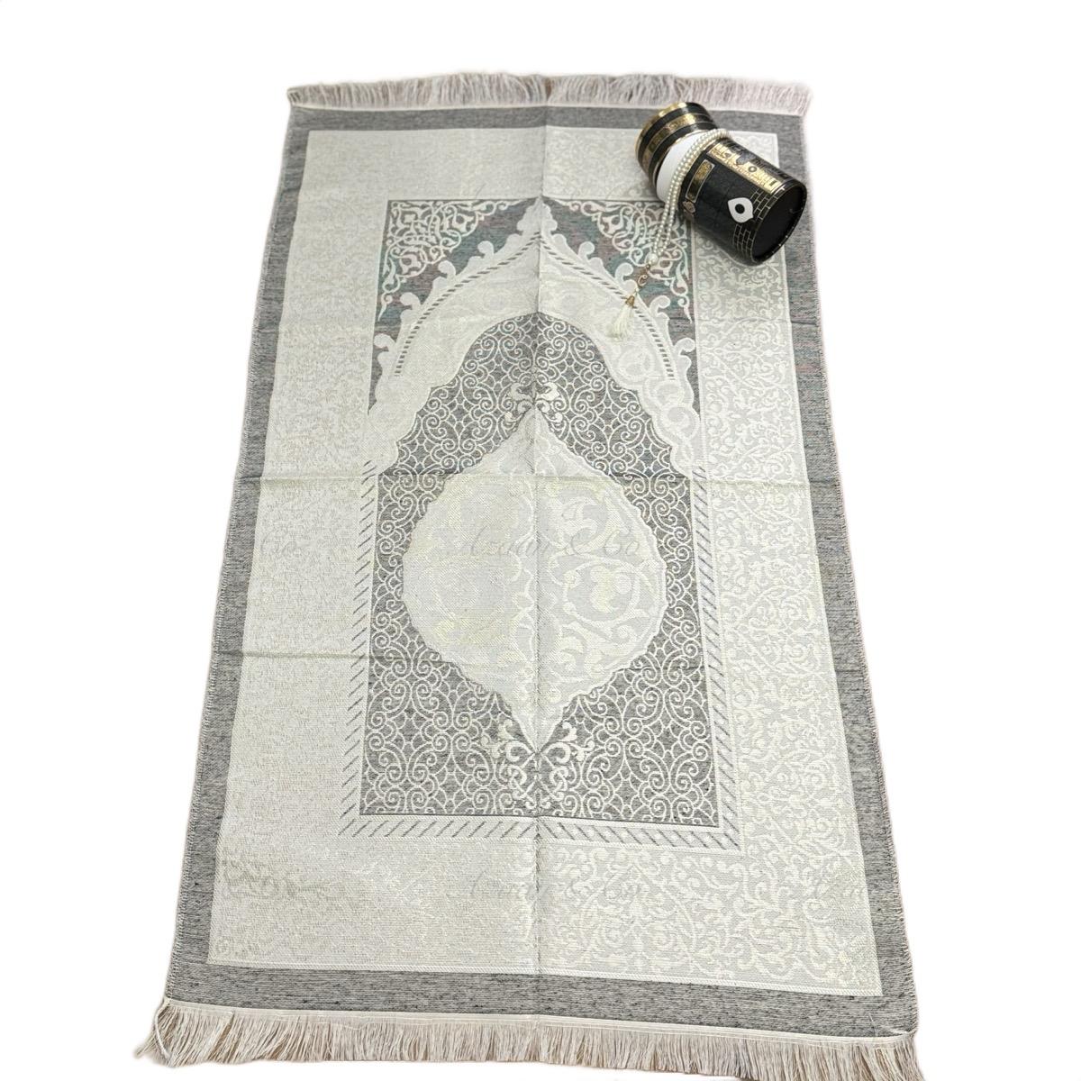 Grey/White Kaaba Box Prayer Mat & Tasbeeh Gift Set