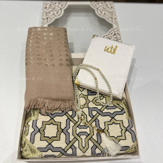 Cream Chenille Prayer Mat, Surah Book, Tasbeeh & Cap or Hijab Gift Set