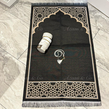 Black Dome Prayer Mat & Tasbeeh Kaaba Box Gift Set