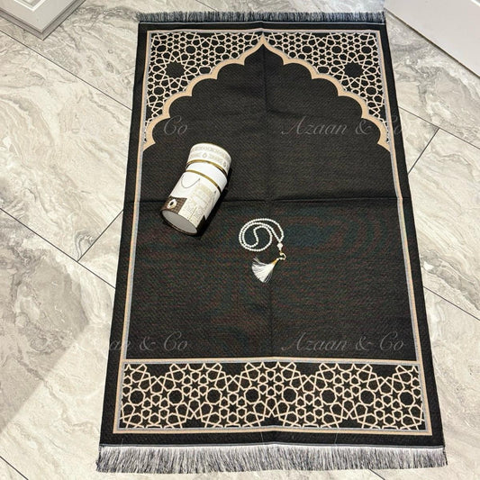 Black Dome Prayer Mat & Tasbeeh Kaaba Box Gift Set