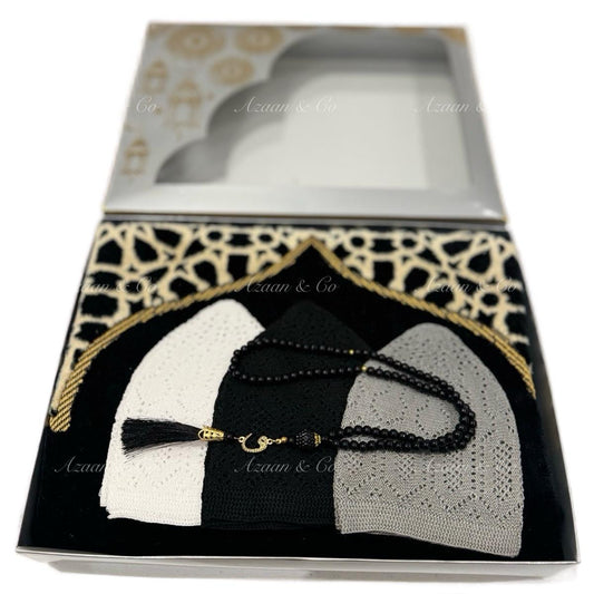 Soft Prayer Mat, 3x Skull Caps & Tabseeh Gift Set