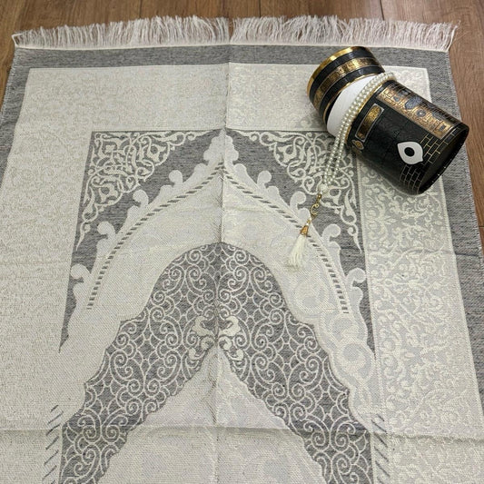Grey/White Kaaba Box Prayer Mat & Tasbeeh Gift Set