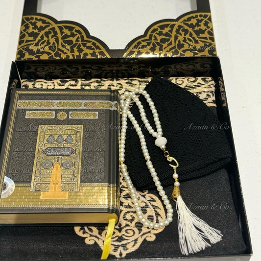 Holy Quran, Prayer Mat, Tasbeeh & Cap or Hijab Gift Set Box