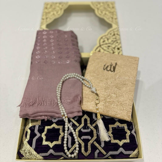 Purple Chenille Prayer Mat, Surah Book, Tasbeeh & Hijab Gift Set Box