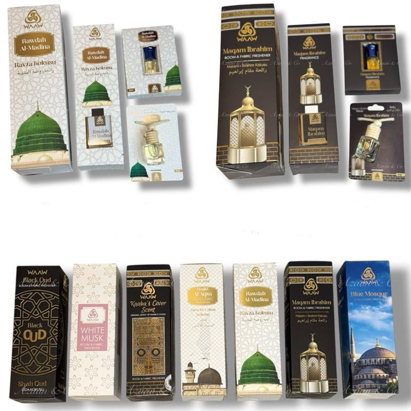 Collection of Attar, Car Scent, Room & Fabric Freshener, and Reed Diffuser packaging on a white background.