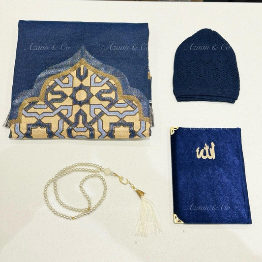 Surah Book, Prayer Mat, Tasbeeh & Skull Cap Set Box
