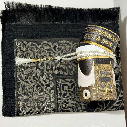 Black/Gold Kaaba Box Prayer Mat & Tasbeeh Gift Set