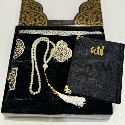 Premium Kaaba Door Chenille Prayer Mat, Surah Book & Tasbeeh