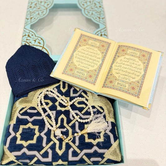 Blue Chenille Prayer Mat, Surah Book, Tasbeeh & Navy Cap Gift Set