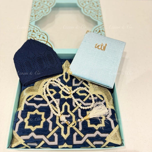 Blue Chenille Prayer Mat, Surah Book, Tasbeeh & Navy Cap Gift Set