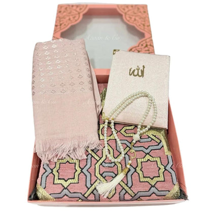 Pink Chenille Prayer Mat, Surah Book, Tasbeeh & Hijab Gift Set