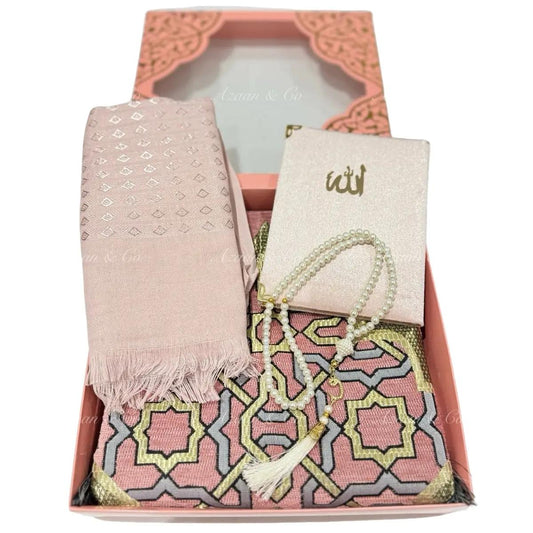 Pink Chenille Prayer Mat, Surah Book, Tasbeeh & Hijab Gift Set