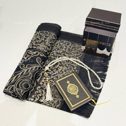 Holy Quran, Prayer Mat and Tasbeeh Kaaba box gift set