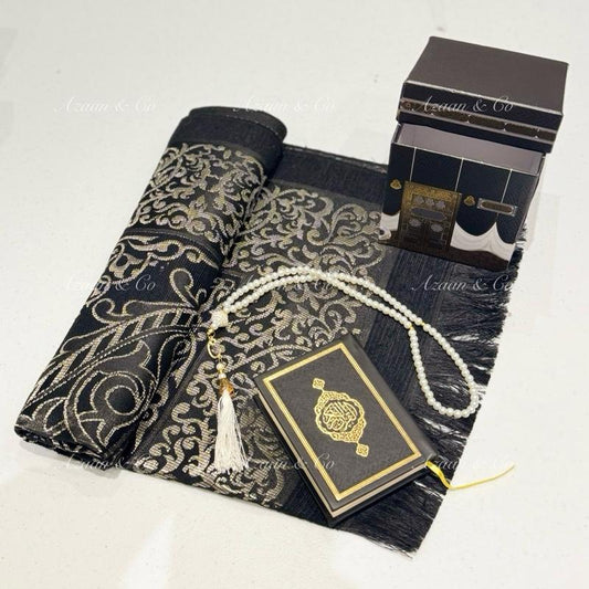 Holy Quran, Prayer Mat and Tasbeeh Kaaba box gift set