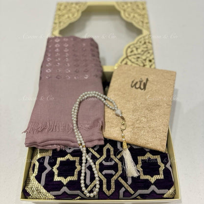 Purple Chenille Prayer Mat, Surah Book, Tasbeeh & Hijab Gift Set Box