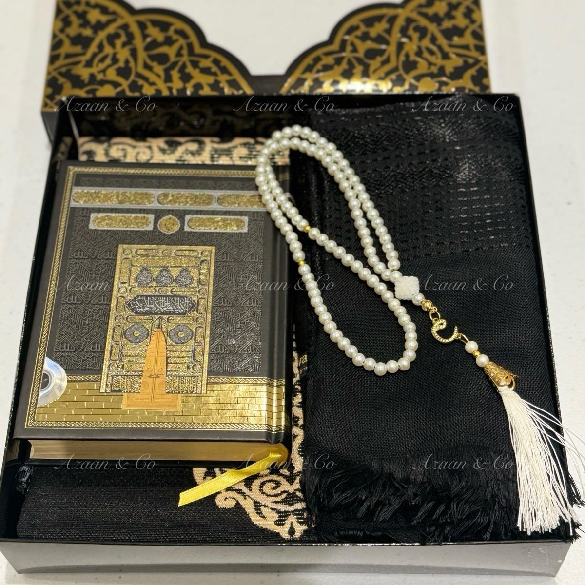 Holy Quran, Prayer Mat, Tasbeeh & Cap or Hijab Gift Set Box